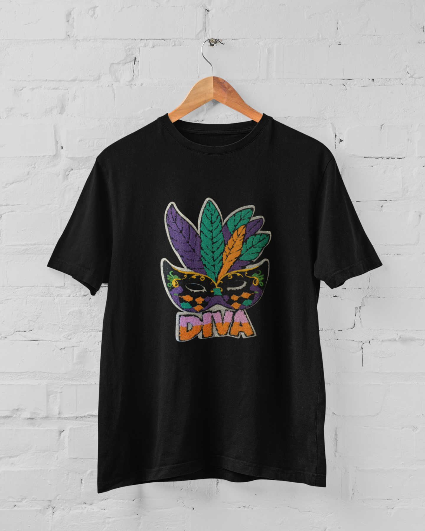 Short Sleeve Heavy Cotton T - Shirt with Chenille Patch - Mardi Gras DIVA