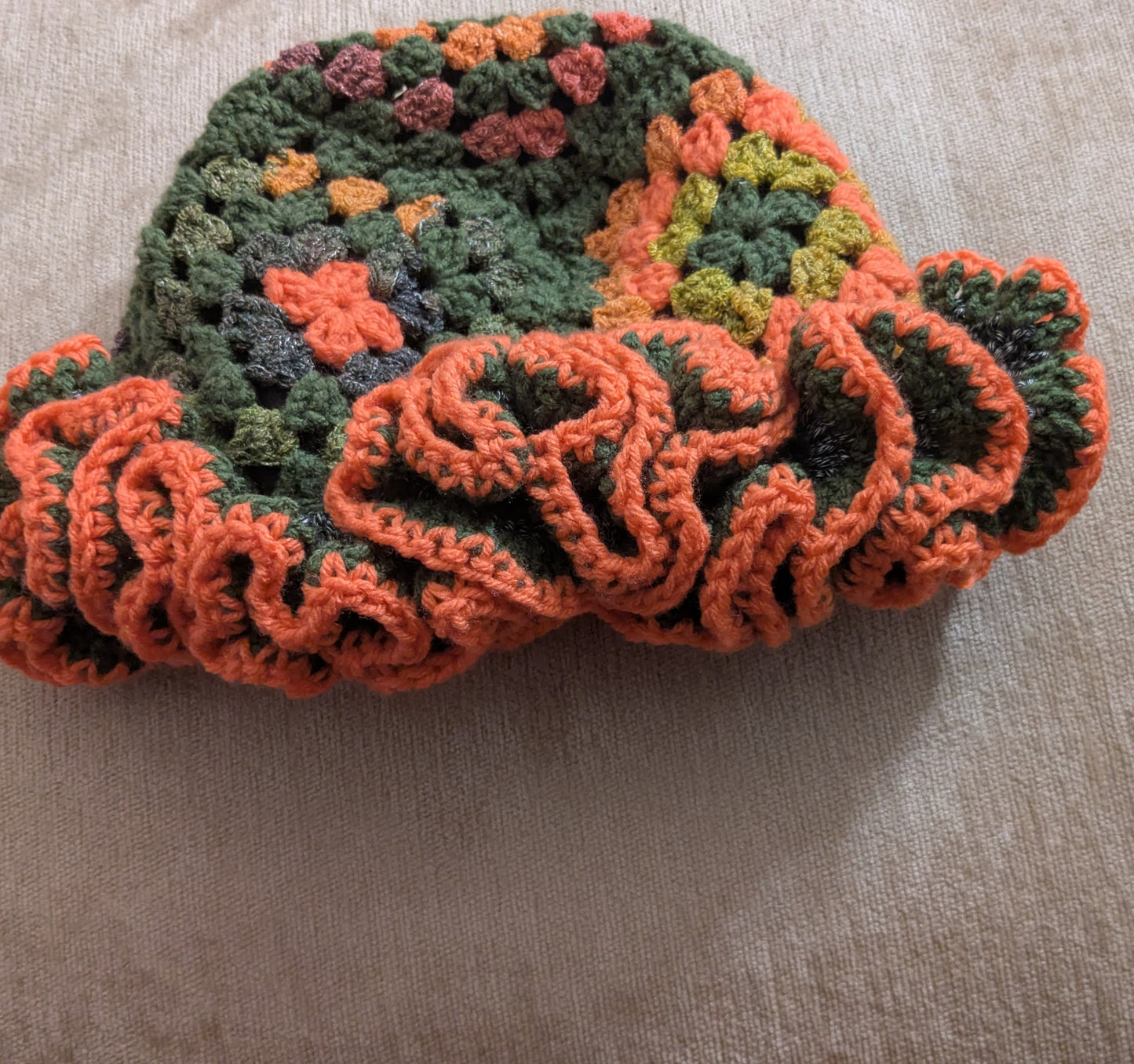Spring/Summer Crochet Granny Square Bucket Hat with Ruffles and Satin Lining