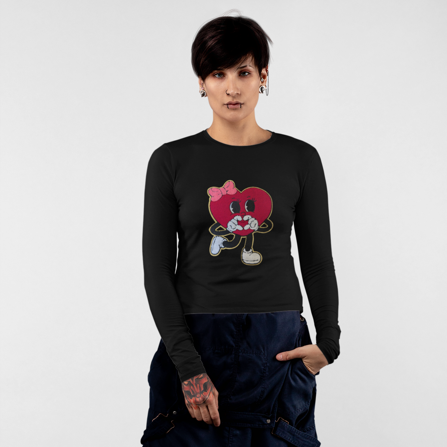 Long Sleeve Heavy Cotton Black T-Shirt with Heart Chenille Patch
