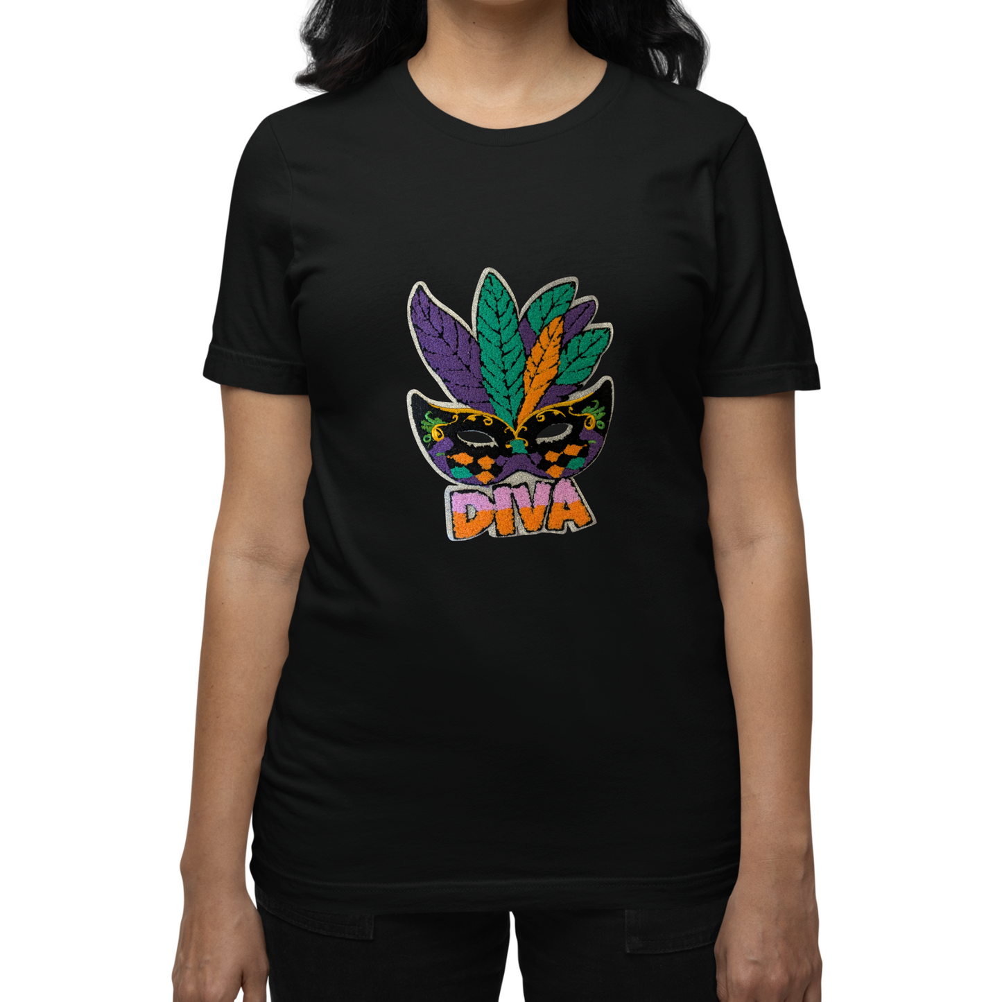 Short Sleeve Heavy Cotton T - Shirt with Chenille Patch - Mardi Gras DIVA