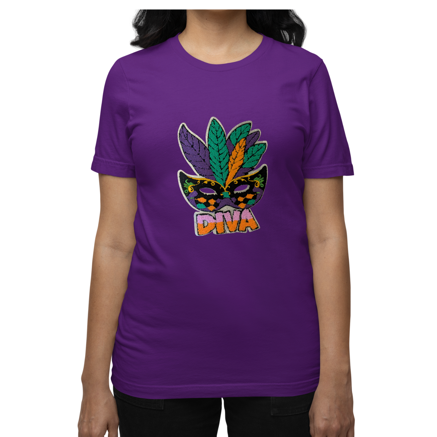 Short Sleeve Heavy Cotton T - Shirt with Chenille Patch - Mardi Gras DIVA