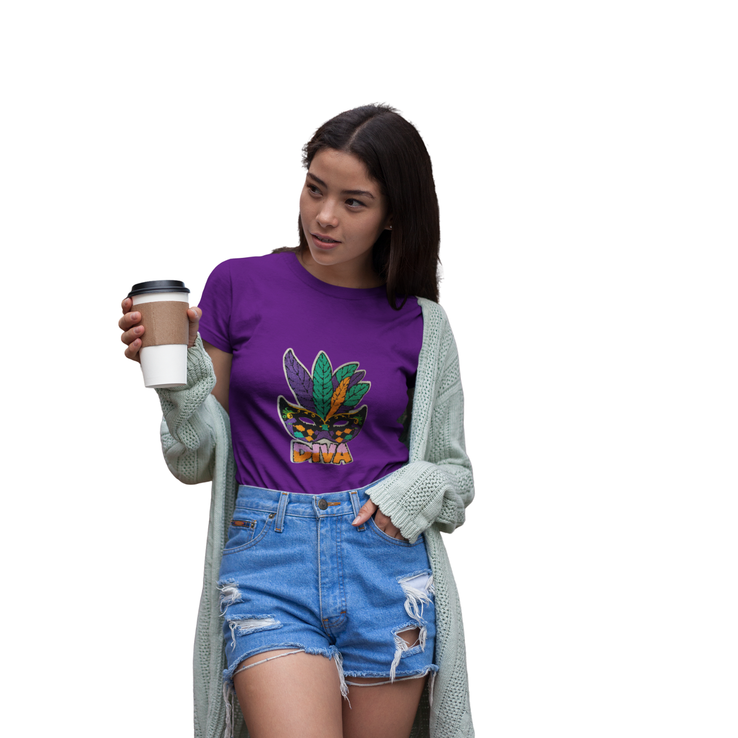 Short Sleeve Heavy Cotton T - Shirt with Chenille Patch - Mardi Gras DIVA