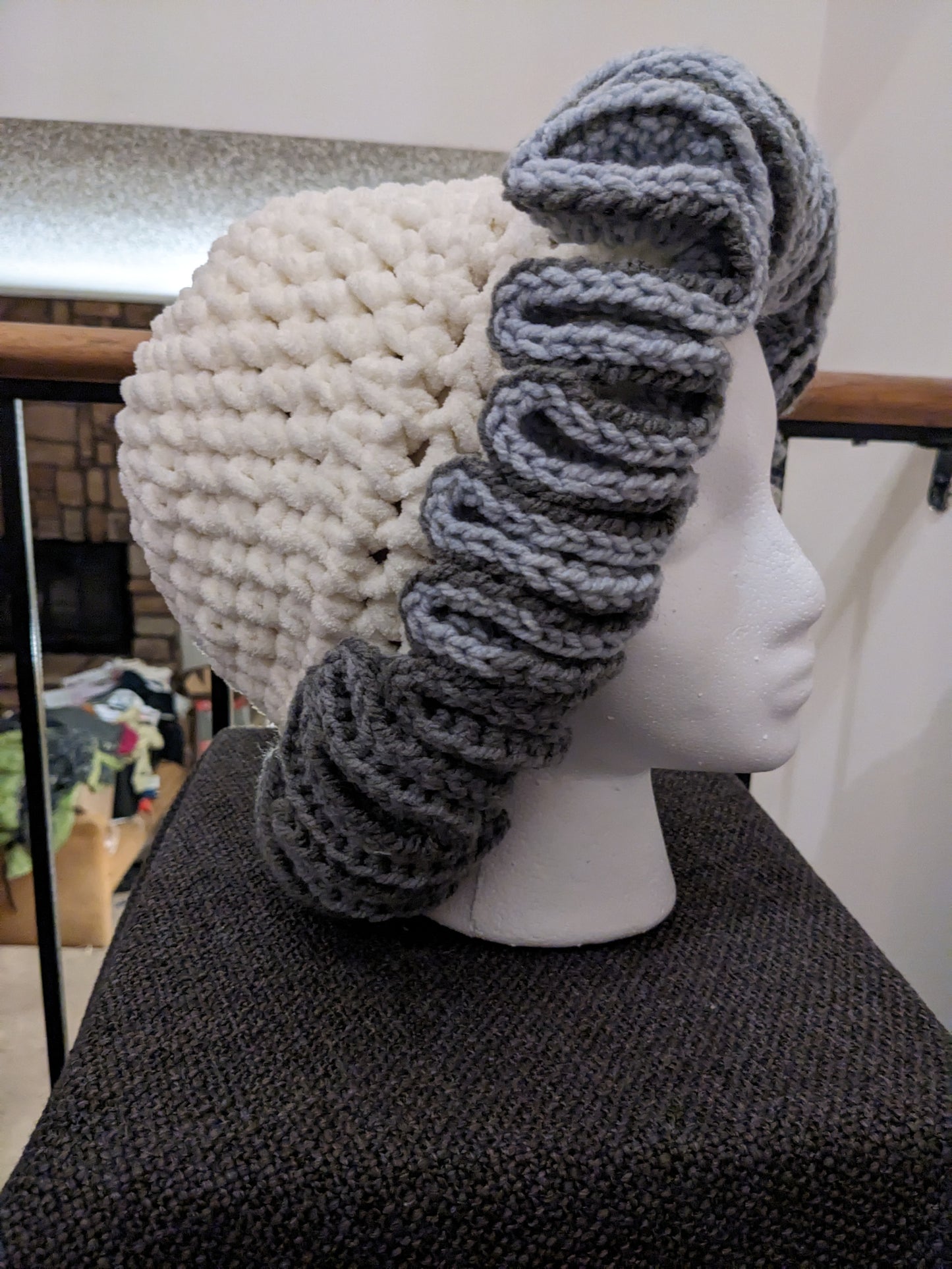 Crochet Bucket Hat - Winter White with Gray Ruffle Trim