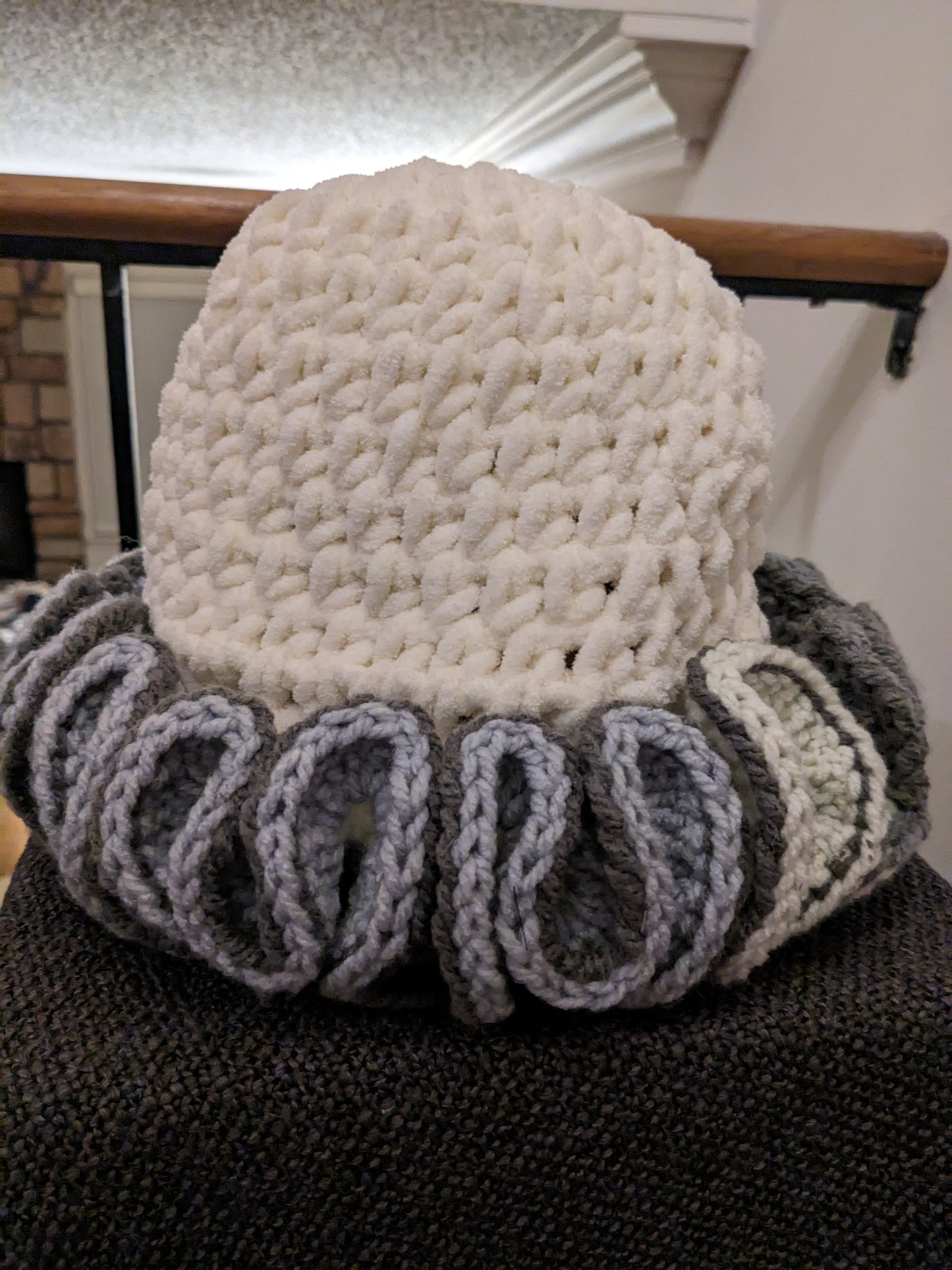 Crochet Bucket Hat - Winter White with Gray Ruffle Trim