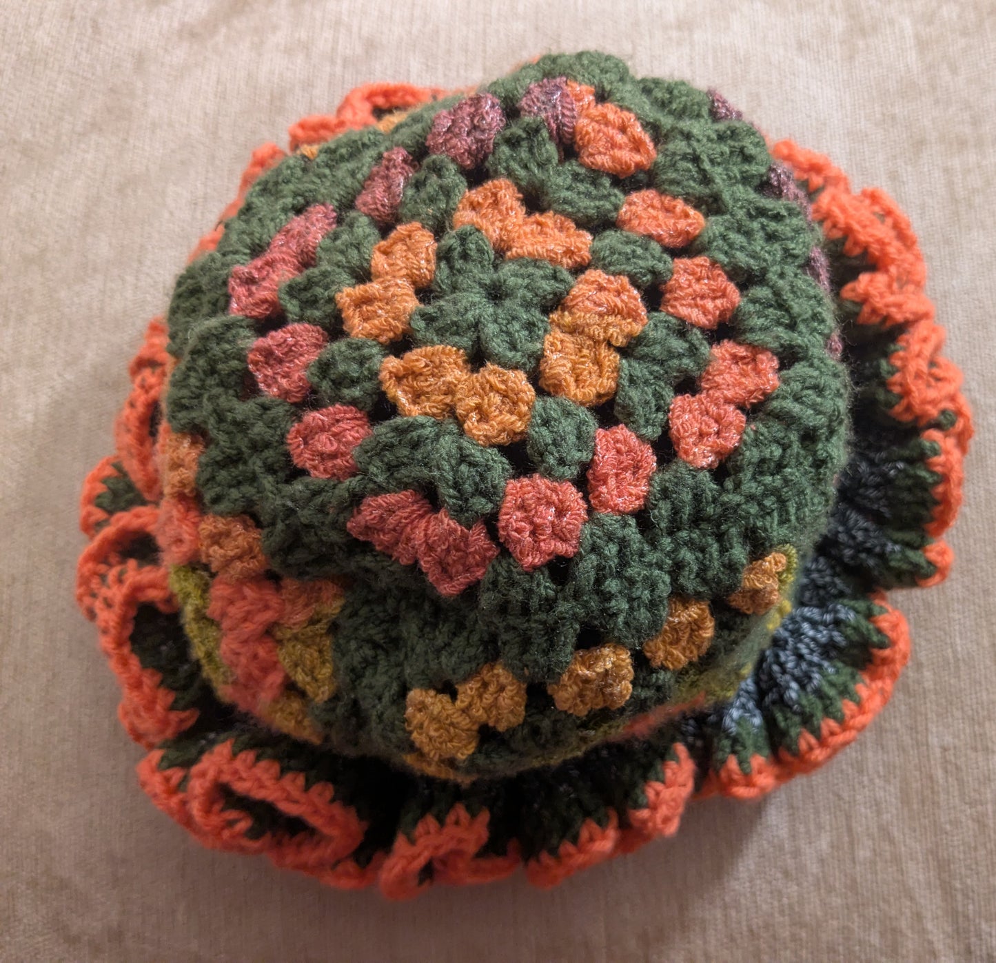 Spring/Summer Crochet Granny Square Bucket Hat with Ruffles and Satin Lining