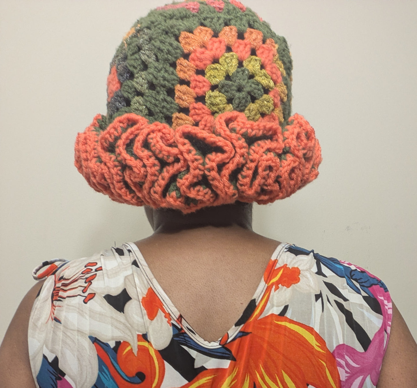Spring/Summer Crochet Granny Square Bucket Hat with Ruffles and Satin Lining