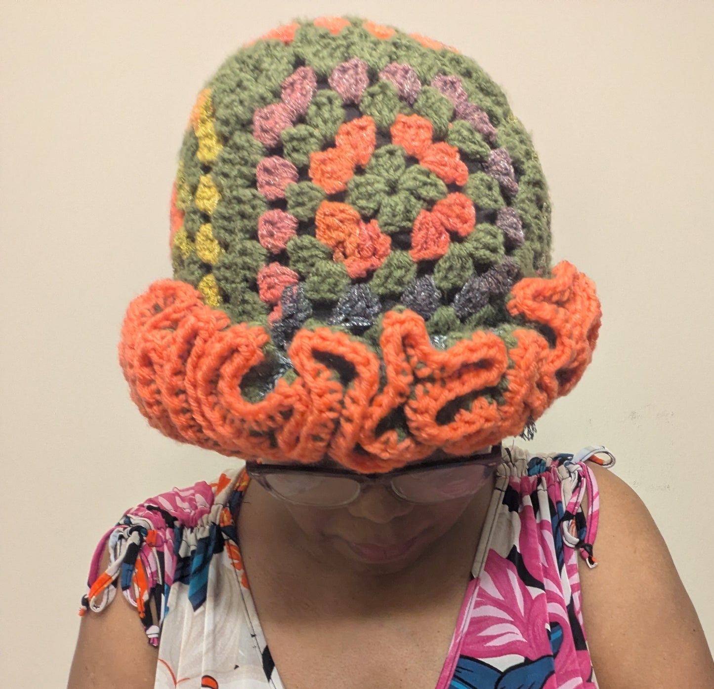 Spring/Summer Crochet Granny Square Bucket Hat with Ruffles and Satin Lining