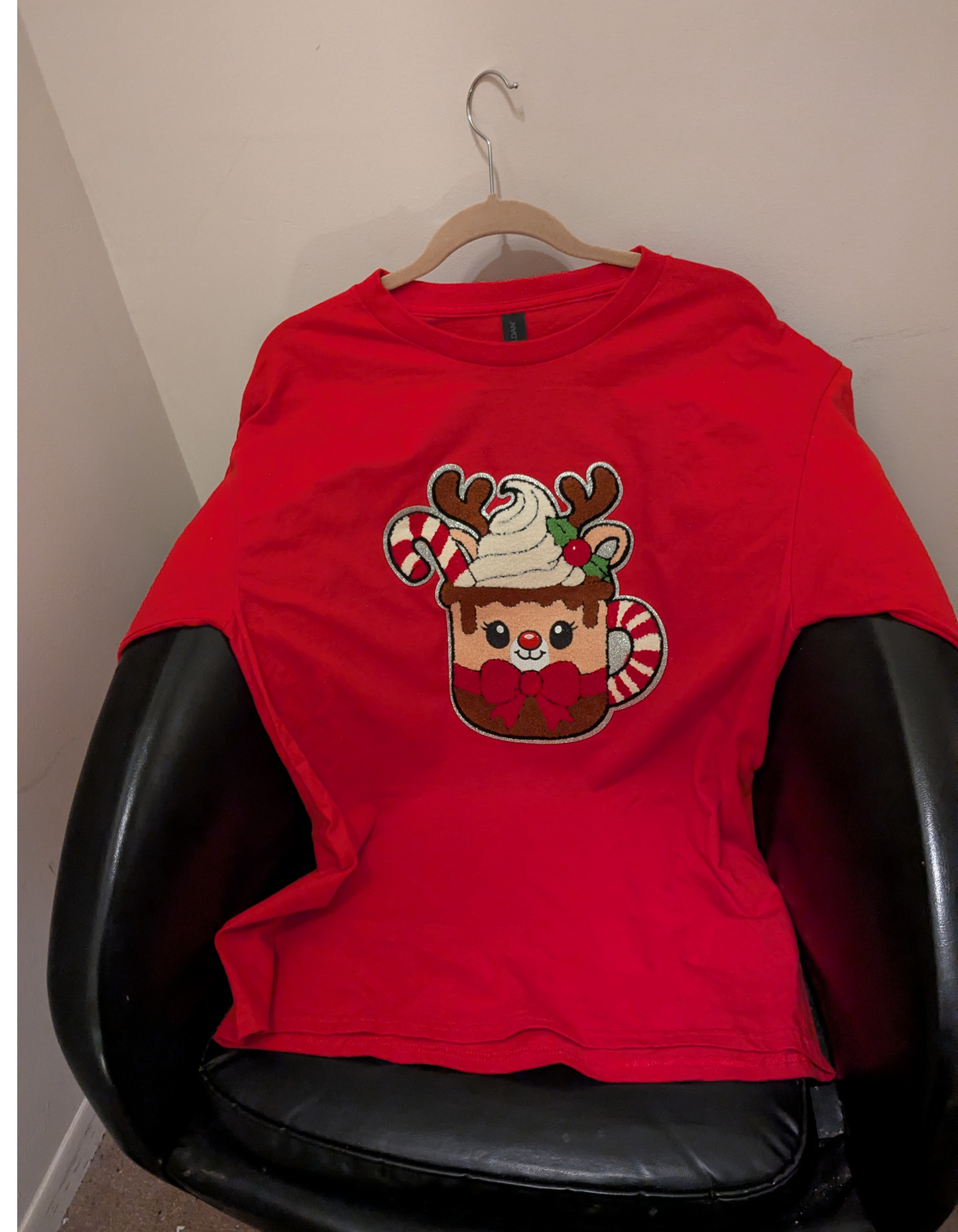 Holiday Themed Long Sleeve T-Shirt with Candy Cane Reindeer Cup Design