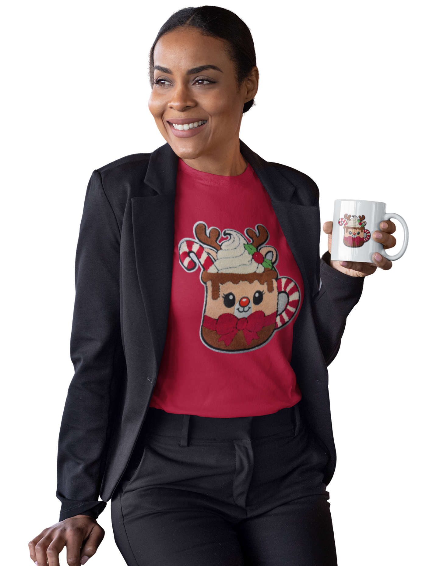 Holiday Themed Long Sleeve T-Shirt with Candy Cane Reindeer Cup Design