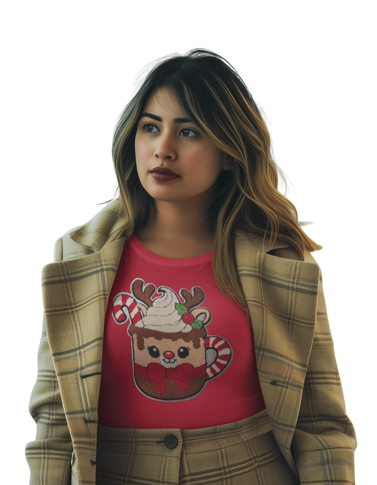 Holiday Themed Long Sleeve T-Shirt with Candy Cane Reindeer Cup Design