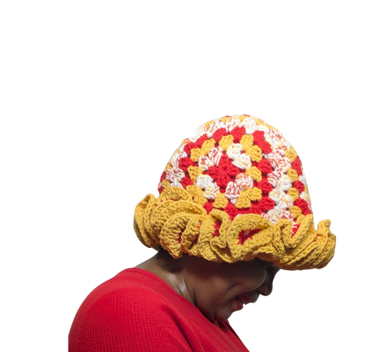 Spring/Summer Crochet Granny Square Bucket Hat with Ruffles