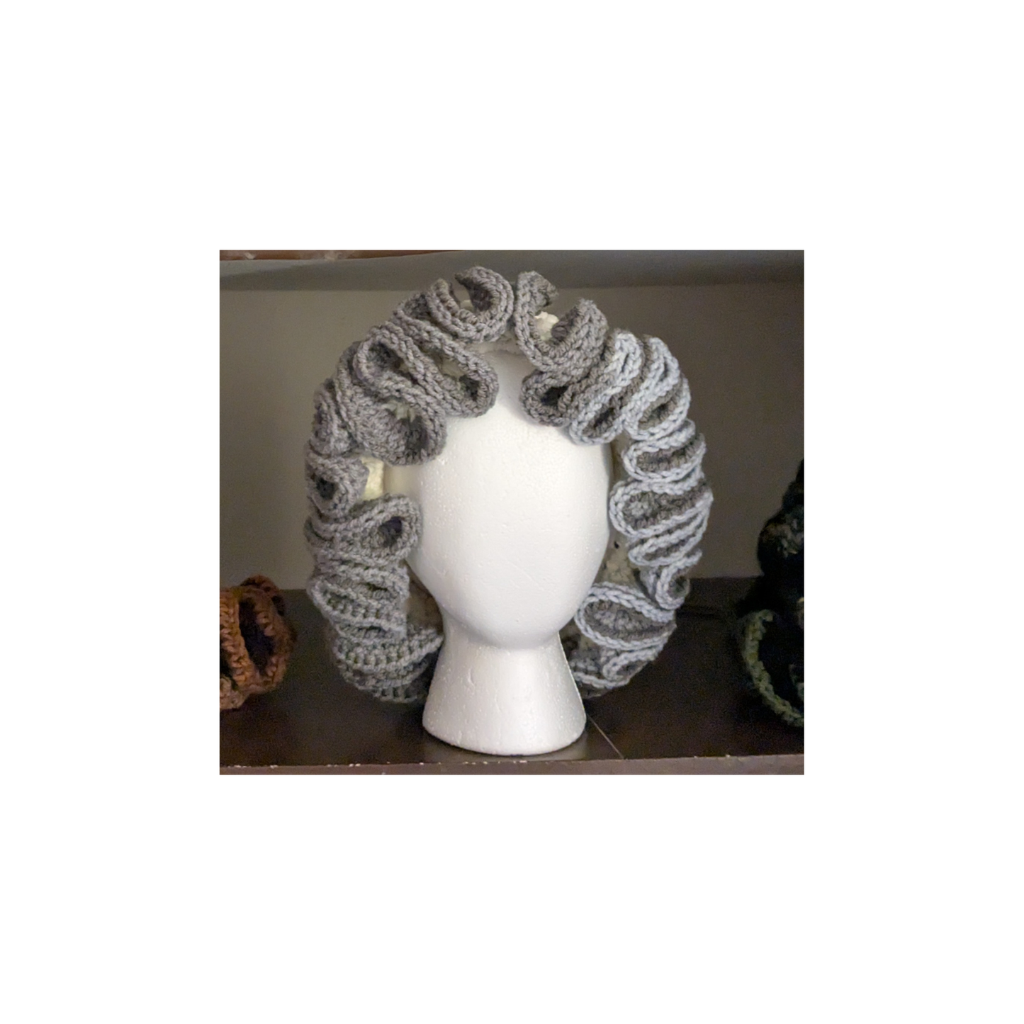 Crochet Bucket Hat - Winter White with Gray Ruffle Trim