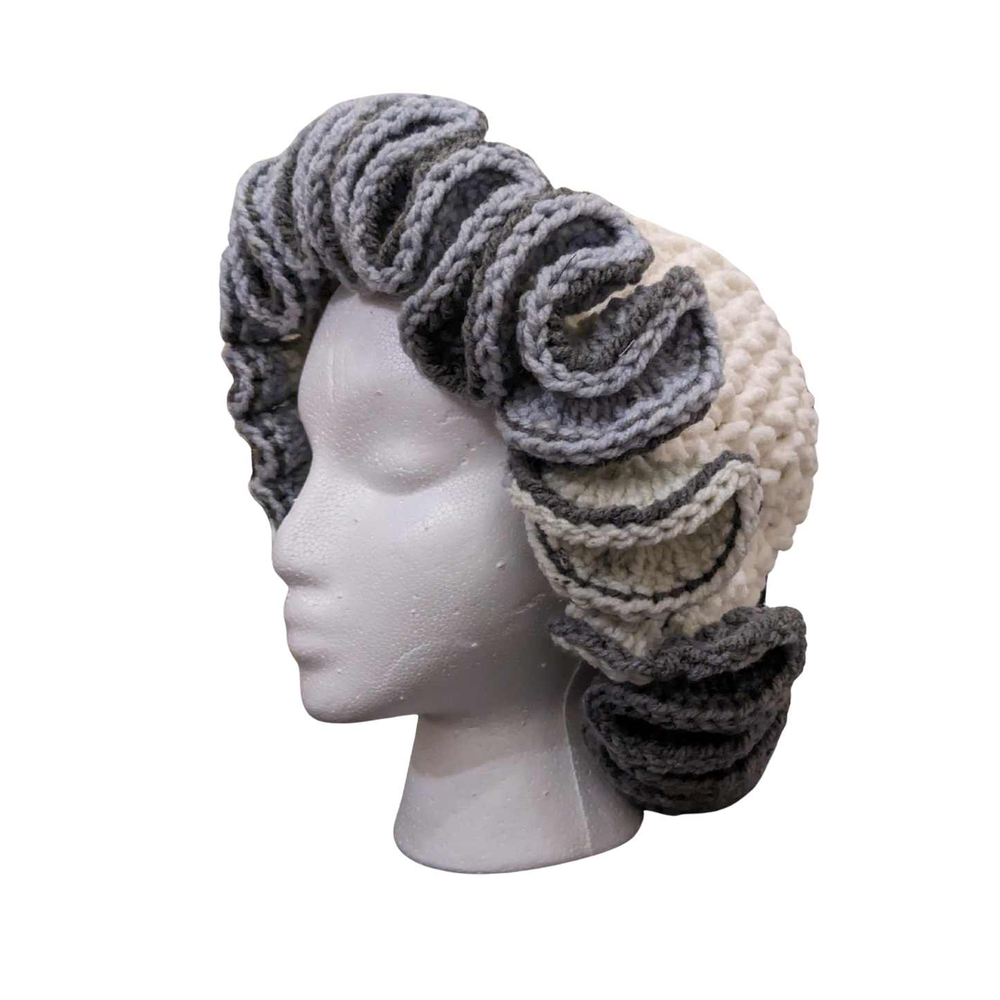 Crochet Bucket Hat - Winter White with Gray Ruffle Trim