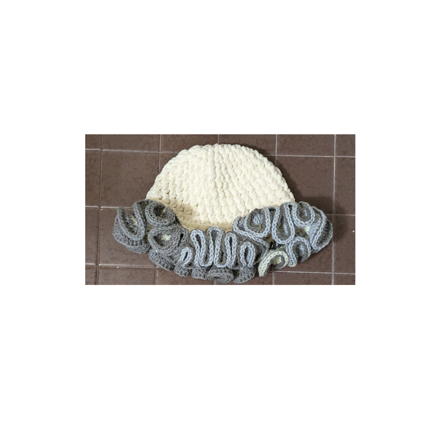 Crochet Bucket Hat - Winter White with Gray Ruffle Trim