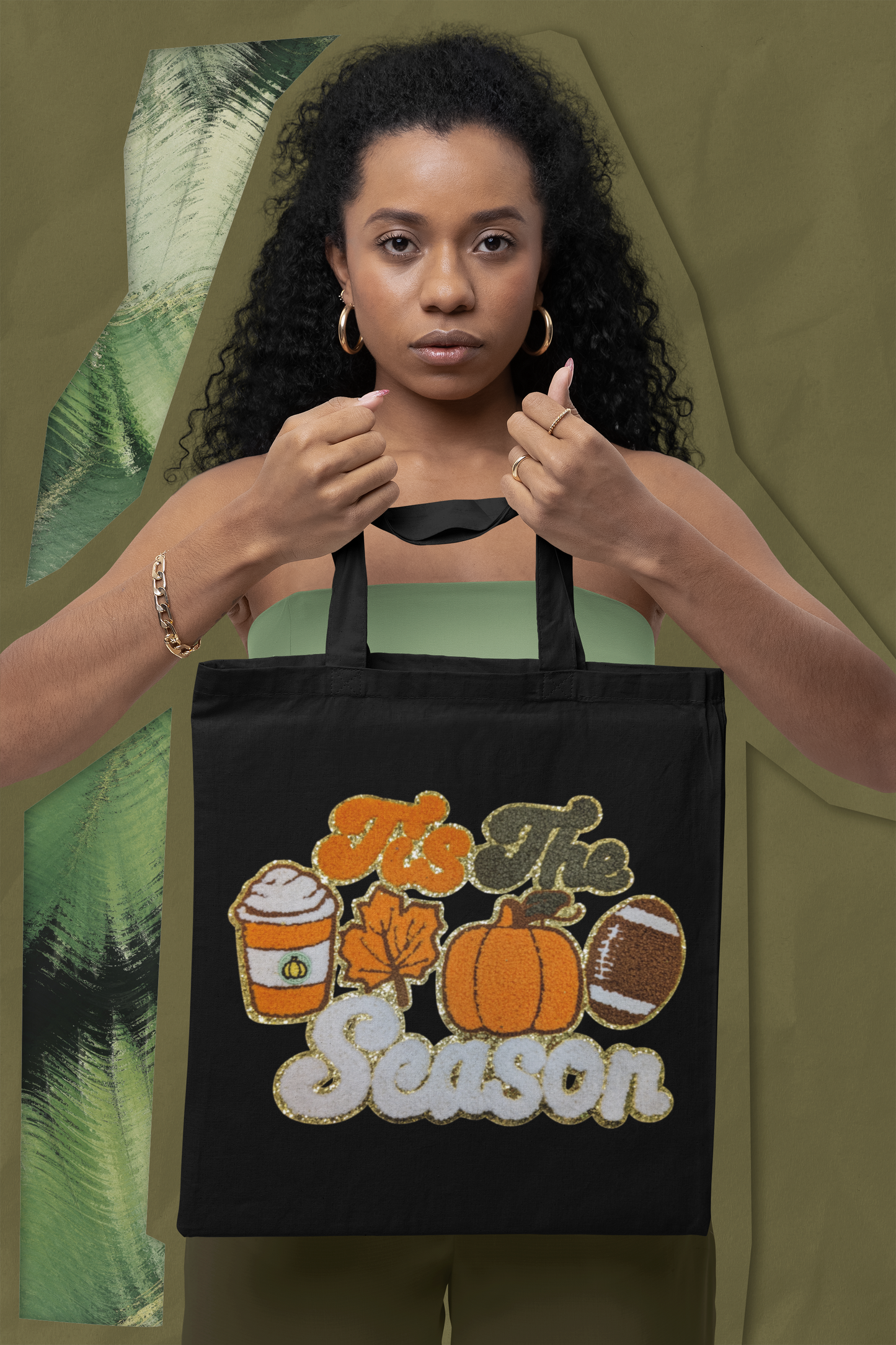 Canvas Black Tote Bag with Chenille Patch - Autumn Harvest Theme