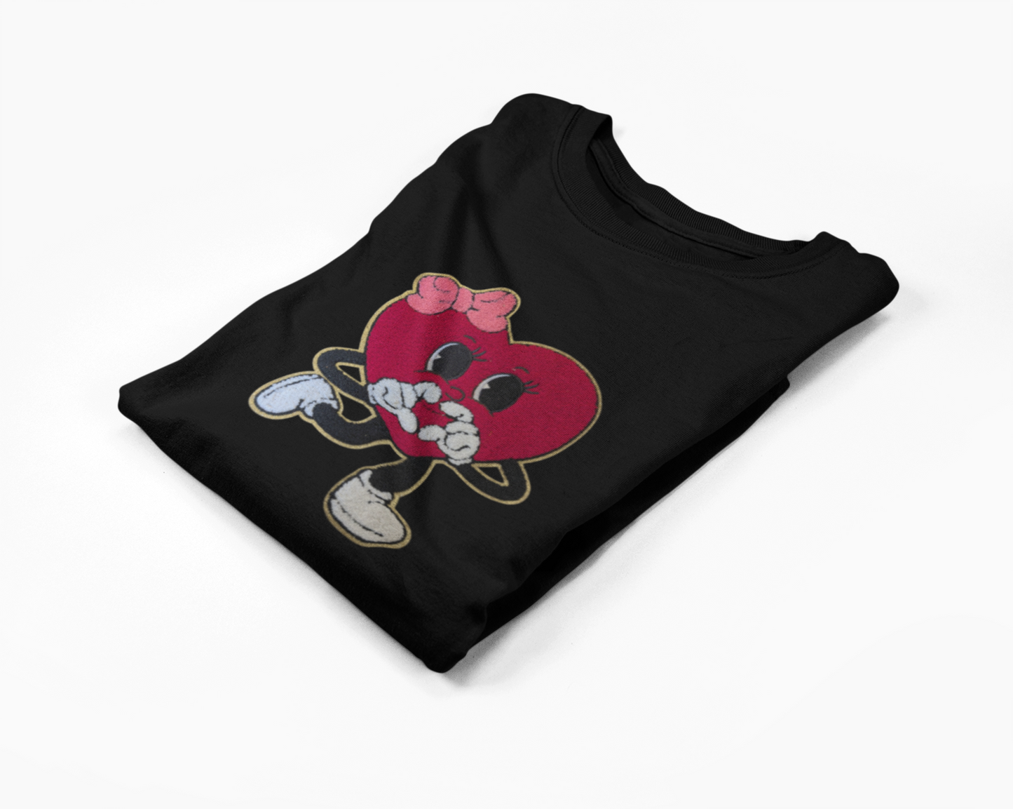 Long Sleeve Heavy Cotton Black T-Shirt with Heart Chenille Patch