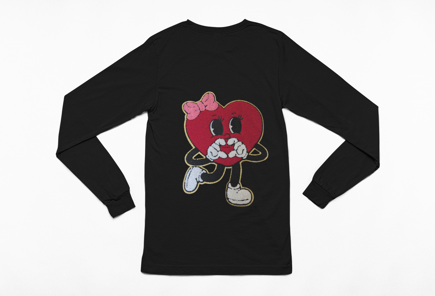Long Sleeve Heavy Cotton Black T-Shirt with Heart Chenille Patch