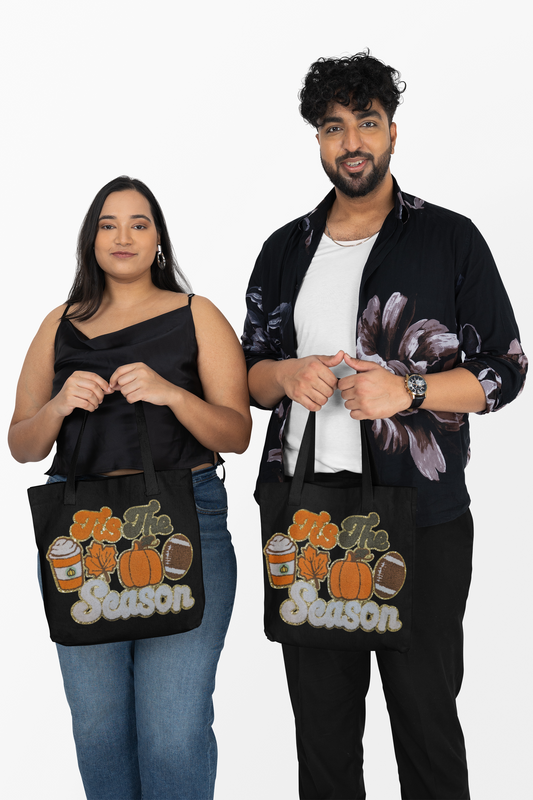 Canvas Black Tote Bag with Chenille Patch - Autumn Harvest Theme