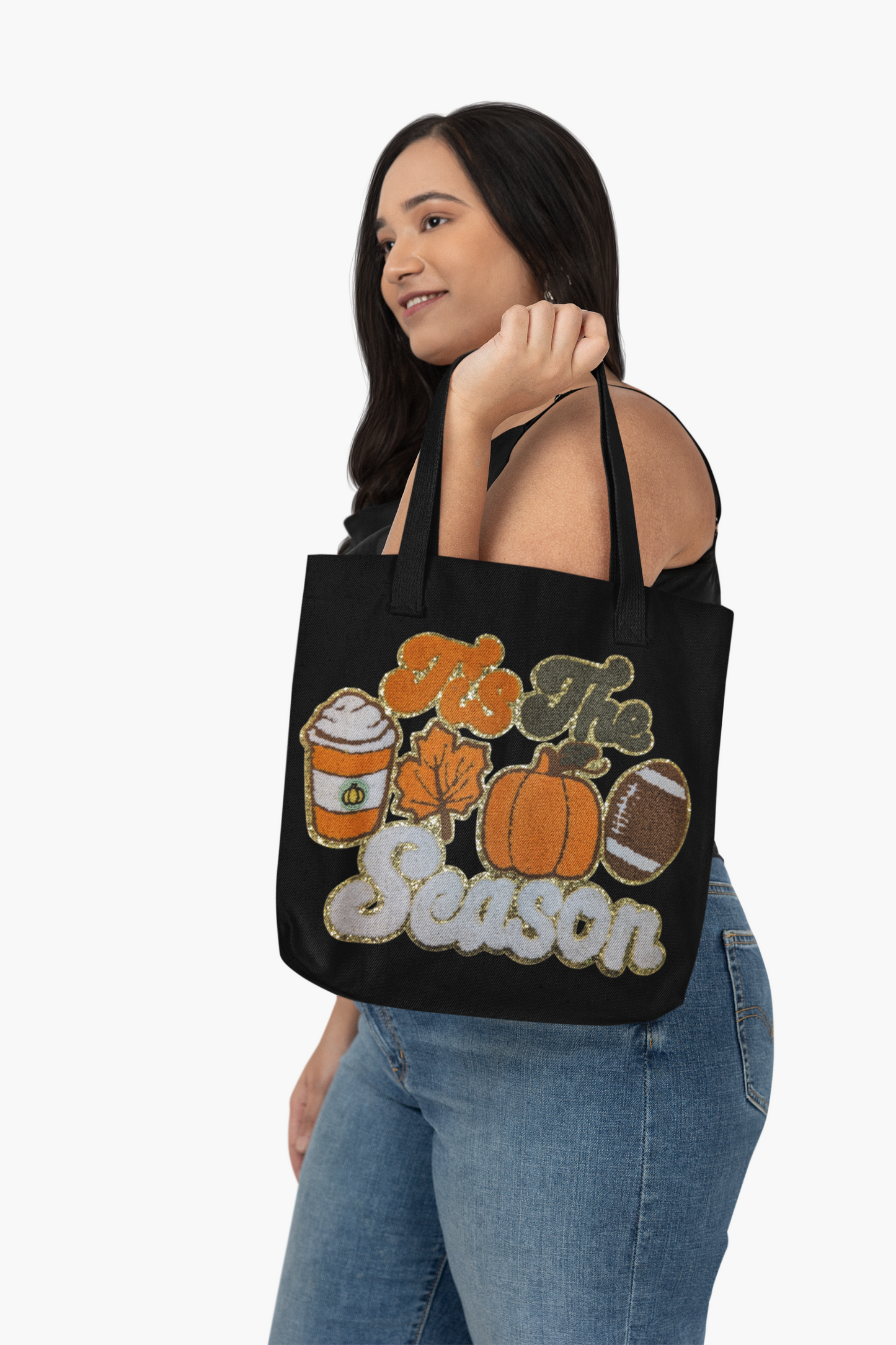 Canvas Black Tote Bag with Chenille Patch - Autumn Harvest Theme