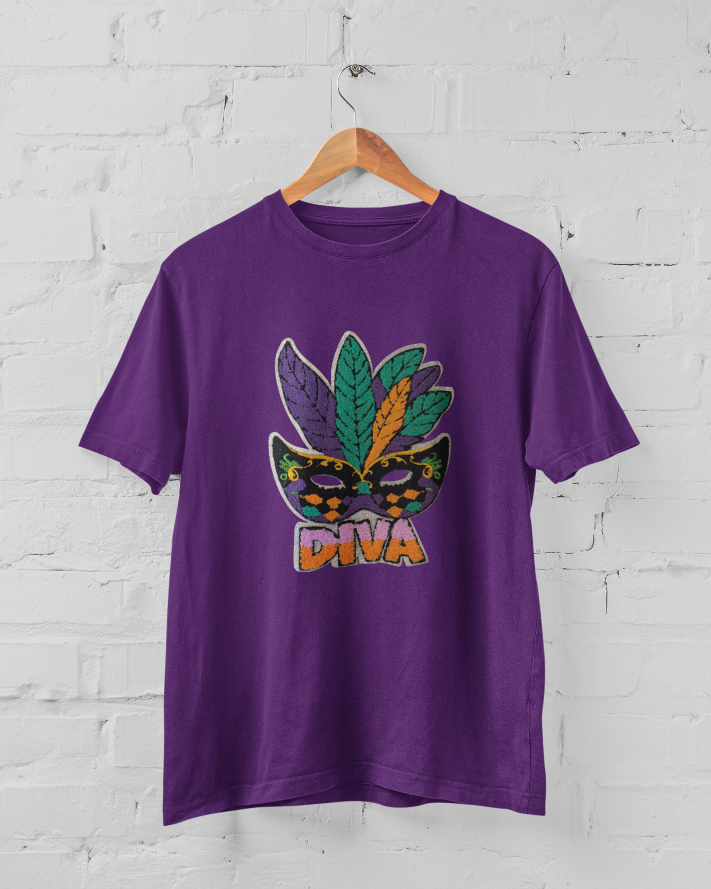 Short Sleeve Heavy Cotton T - Shirt with Chenille Patch - Mardi Gras DIVA