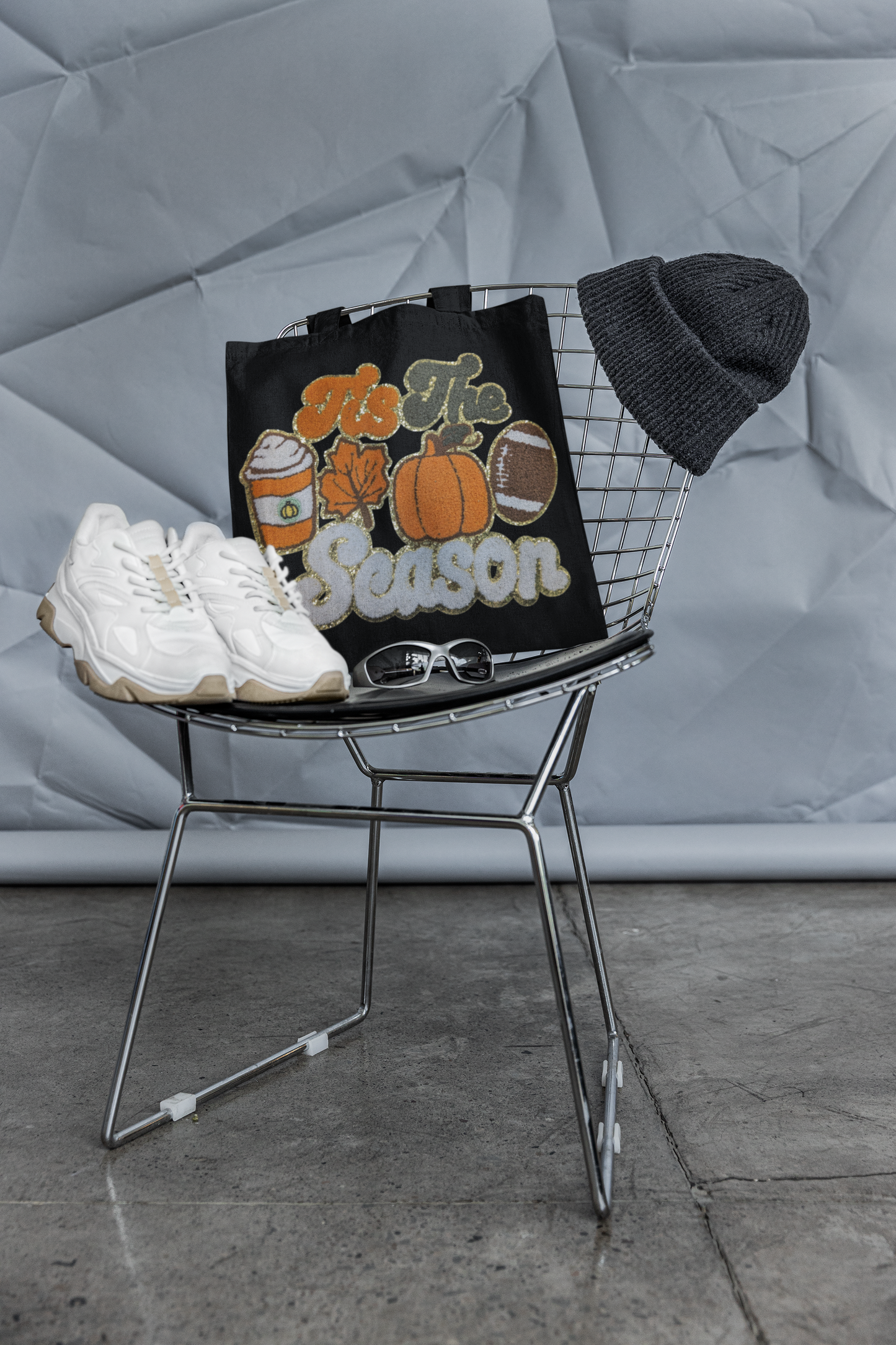 Canvas Black Tote Bag with Chenille Patch - Autumn Harvest Theme