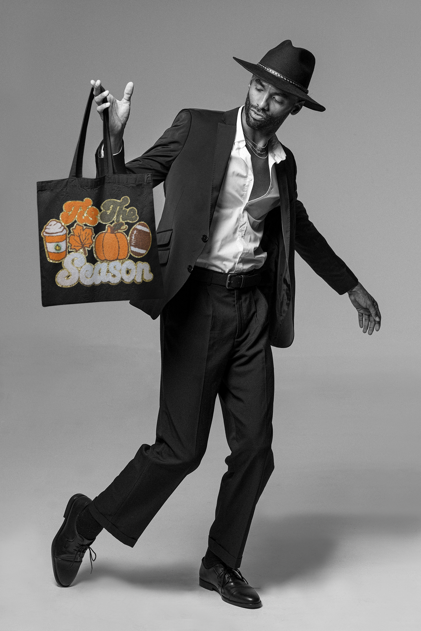Canvas Black Tote Bag with Chenille Patch - Autumn Harvest Theme