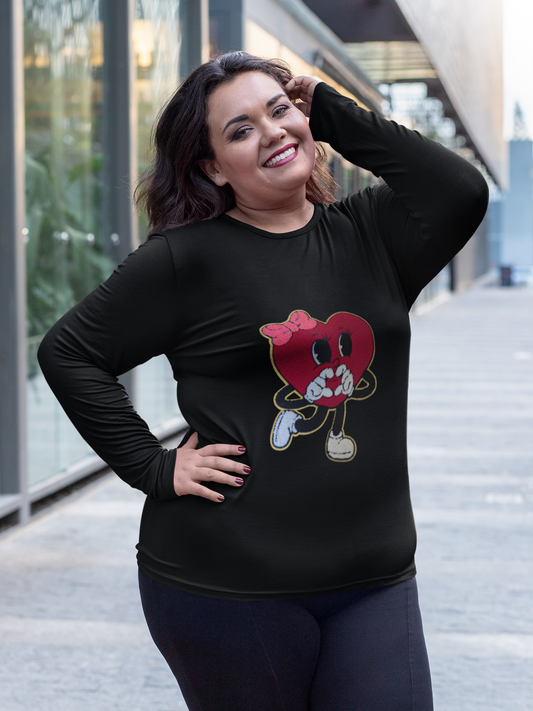 Long Sleeve Heavy Cotton Black T-Shirt with Heart Chenille Patch