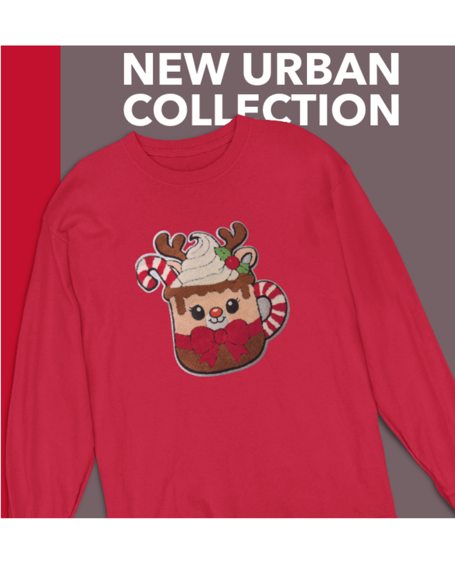 Holiday Themed Long Sleeve T-Shirt with Candy Cane Reindeer Cup Design