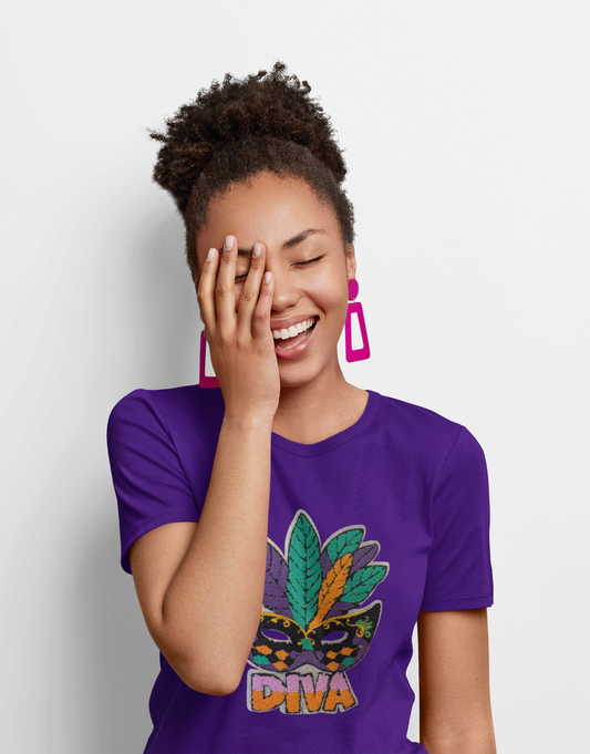 Short Sleeve Heavy Cotton T - Shirt with Chenille Patch - Mardi Gras DIVA